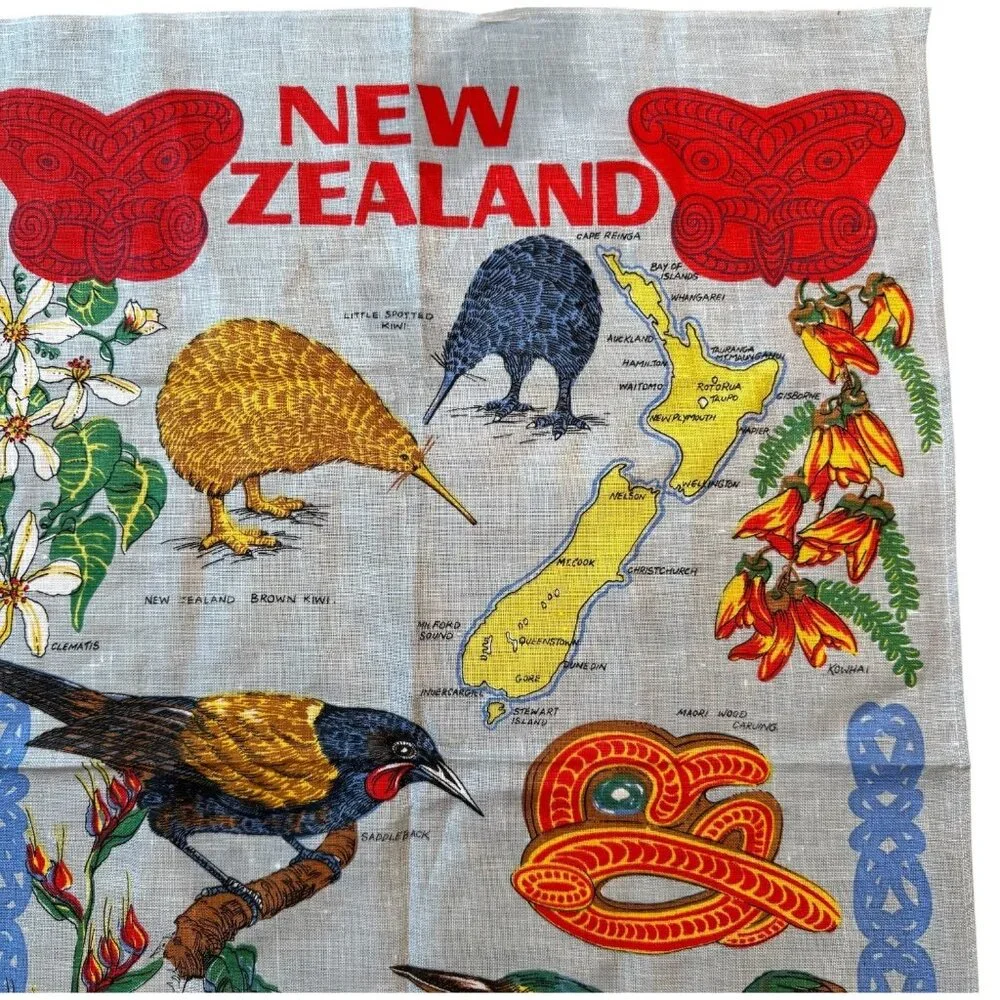 VTG Unused New Zealand Linen Tea Towel Birds Flowers Map Design Souvenir Retro
